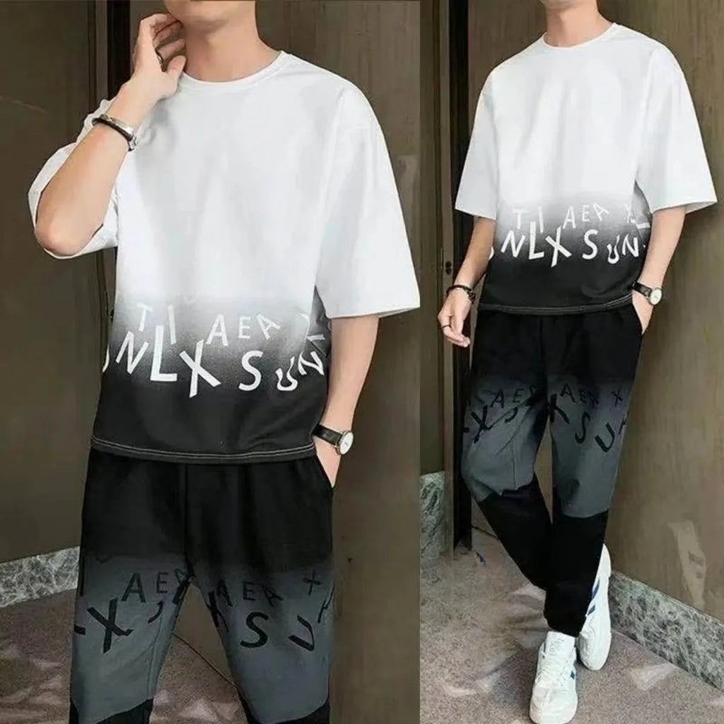 Summer men's gradient letter print pattern breathable round neck T-shirt pants set outdoor casual two-piece set